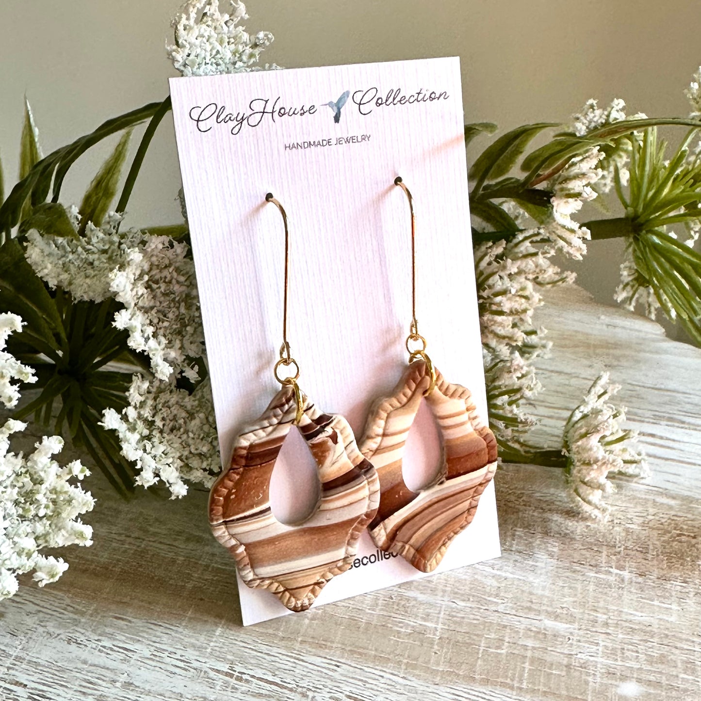 Brown and Tan Patterned Clay Drop Earrings