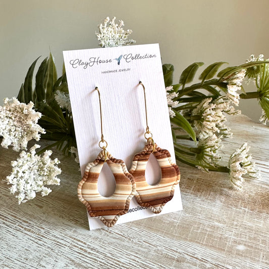 Brown and Tan Patterned Clay Drop Earrings