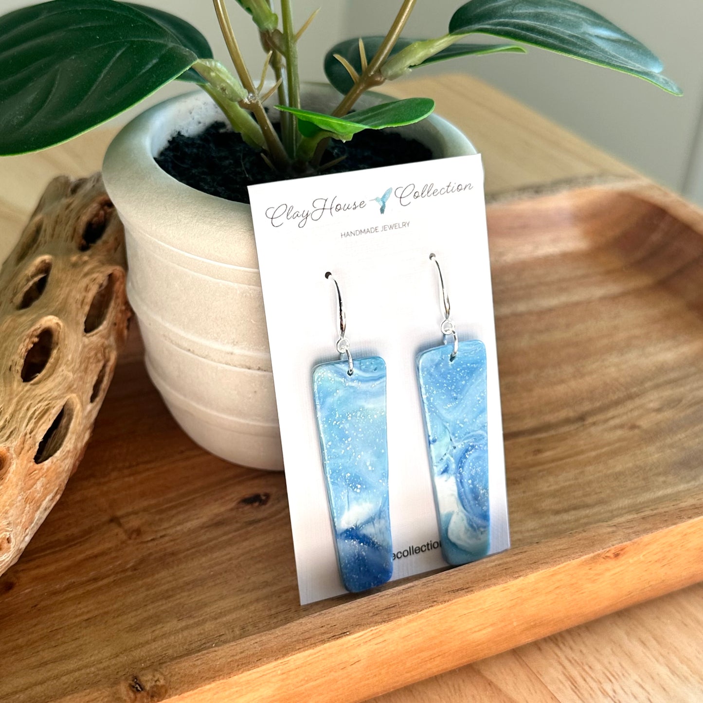 Long Blue Marble Drop Clay Earrings