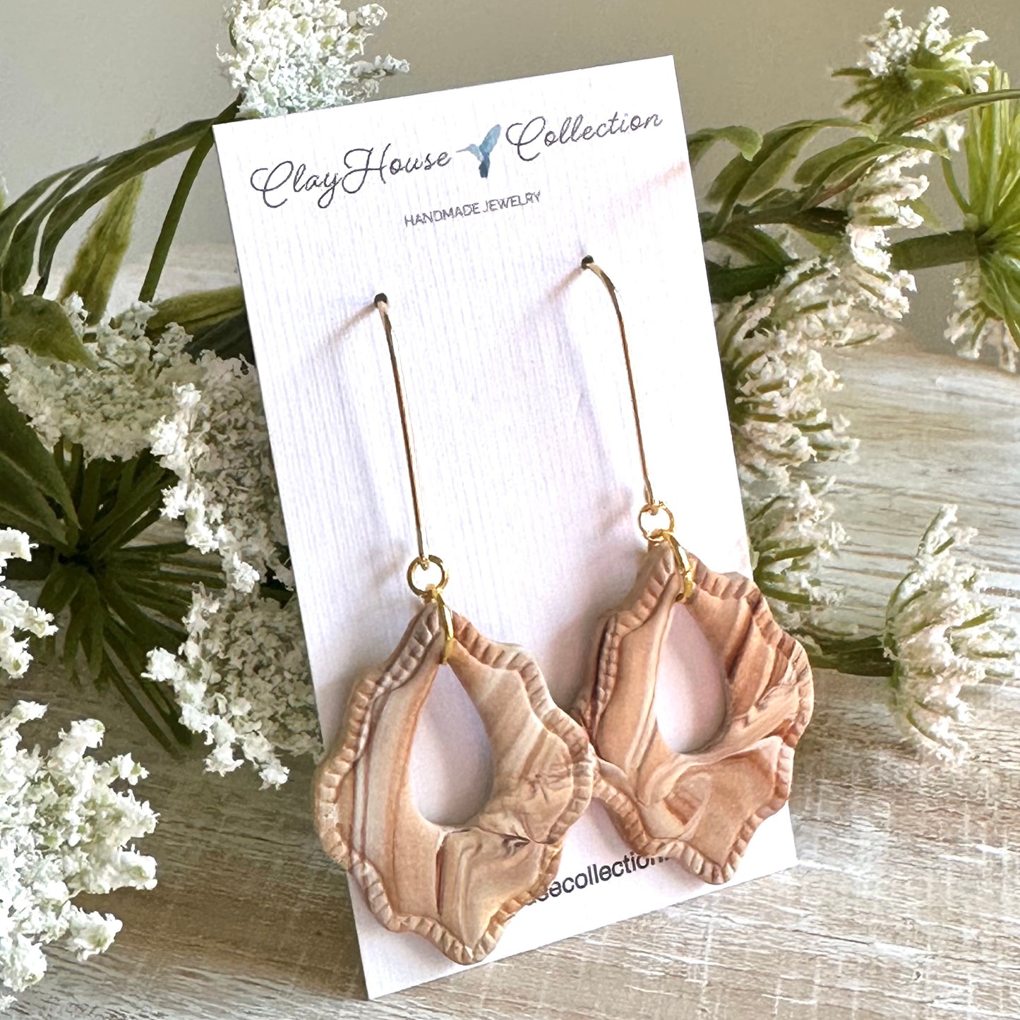 Brown and Tan Patterned Clay Drop Earrings