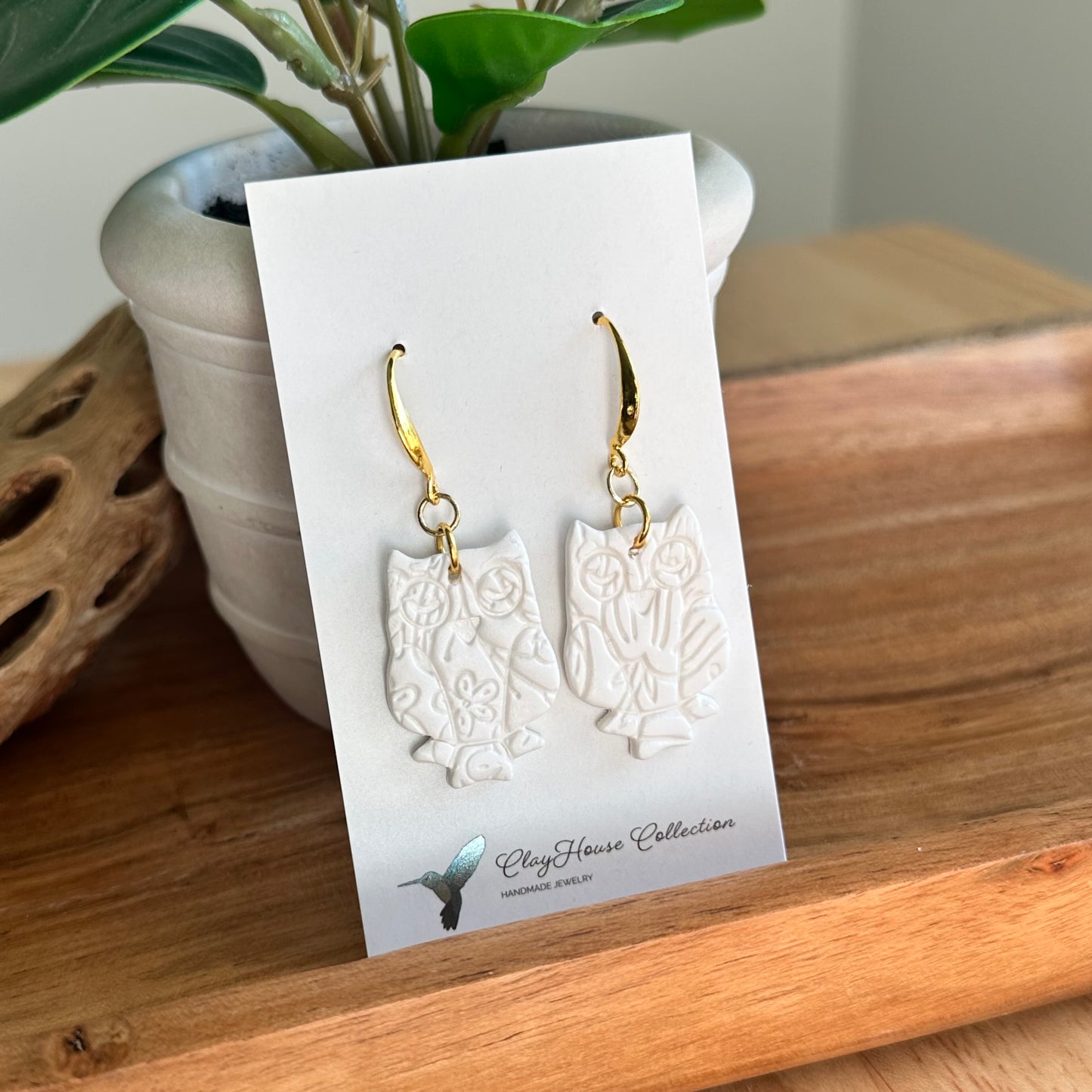 Textured White Owl Clay Earrings