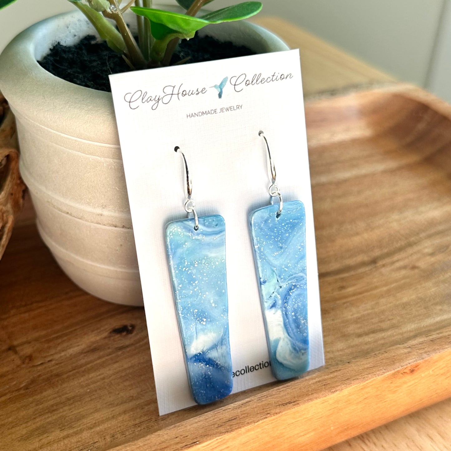 Long Blue Marble Drop Clay Earrings