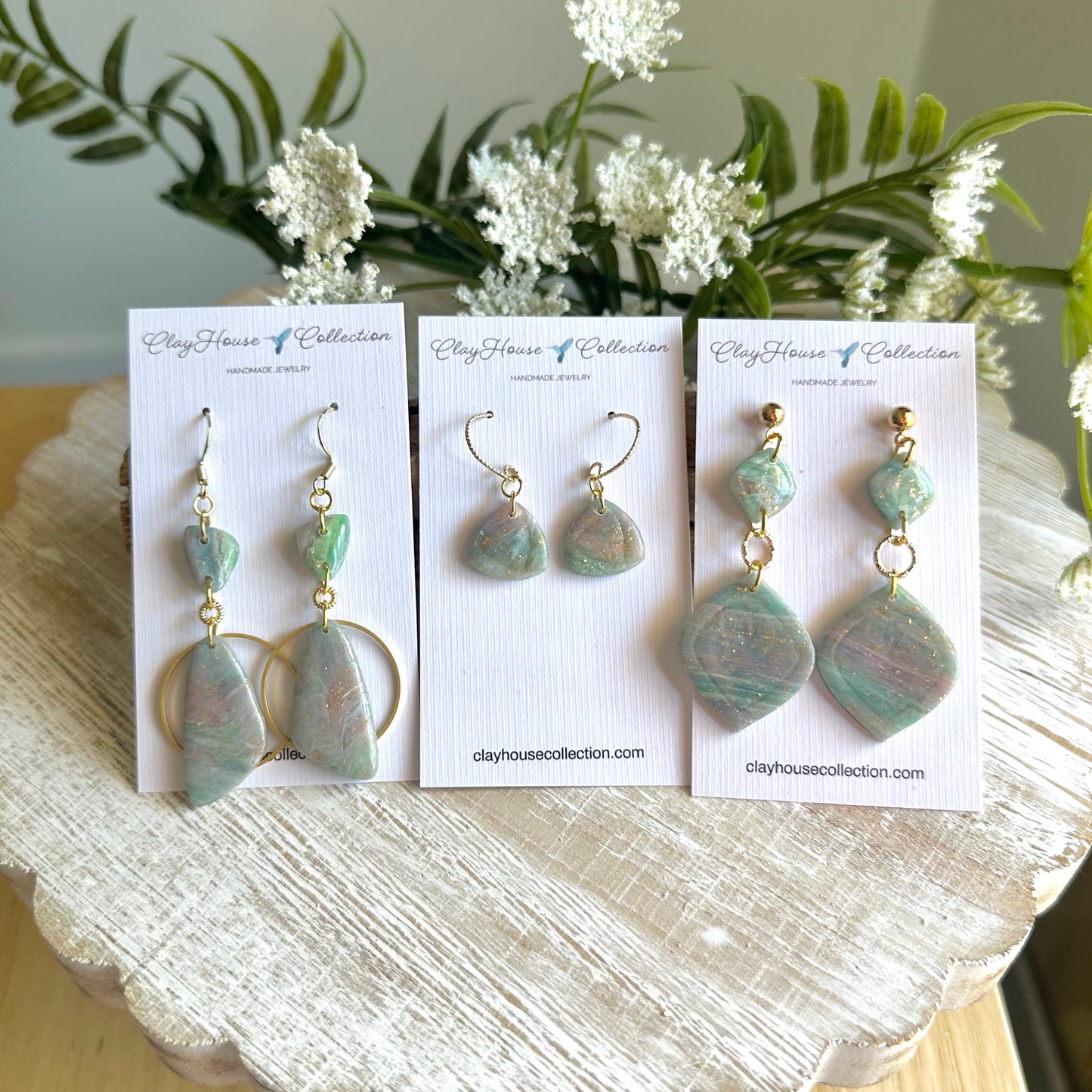 Green Small Triangle Clay Drop Earrings