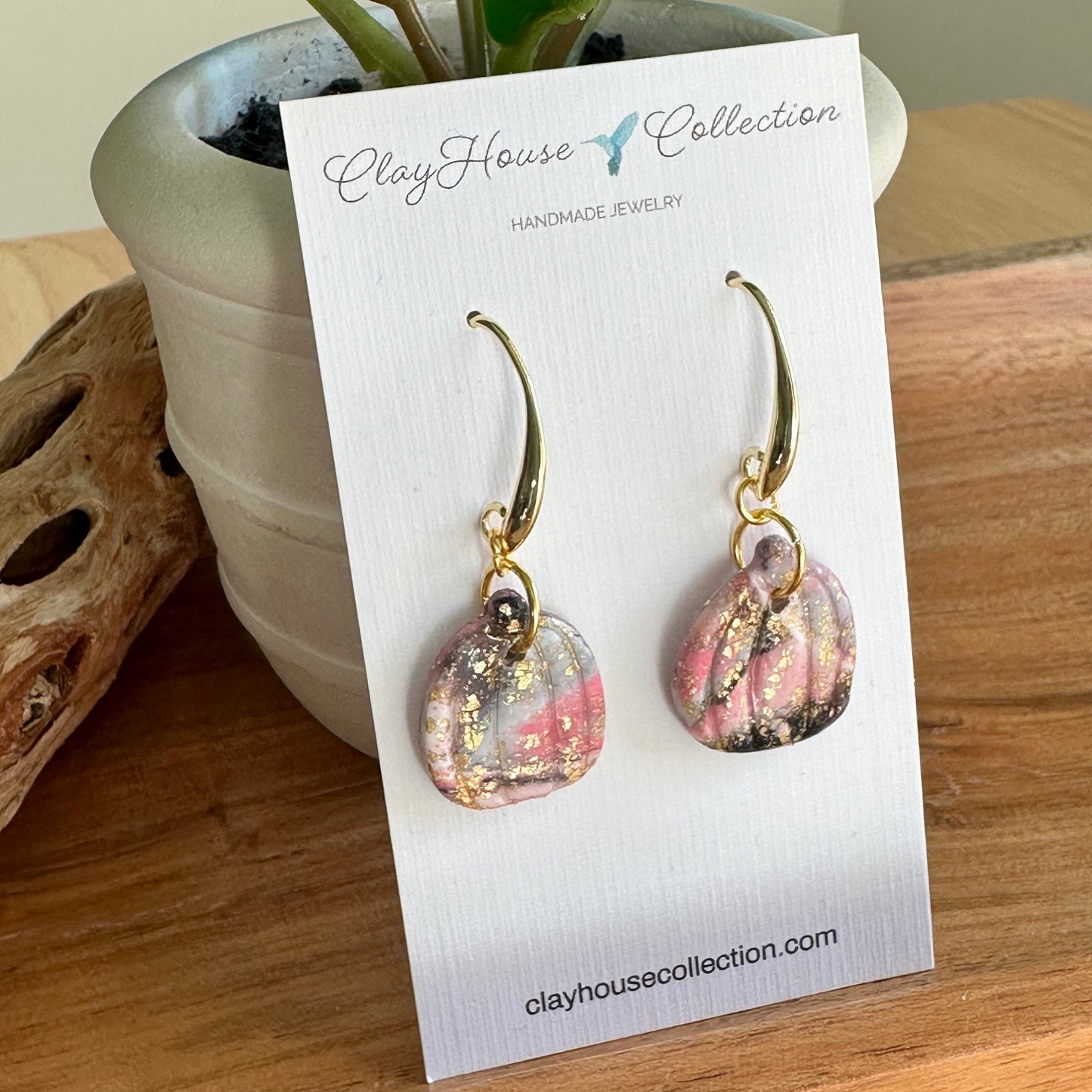 Gray & Pink Marble Pumpkin Earrings