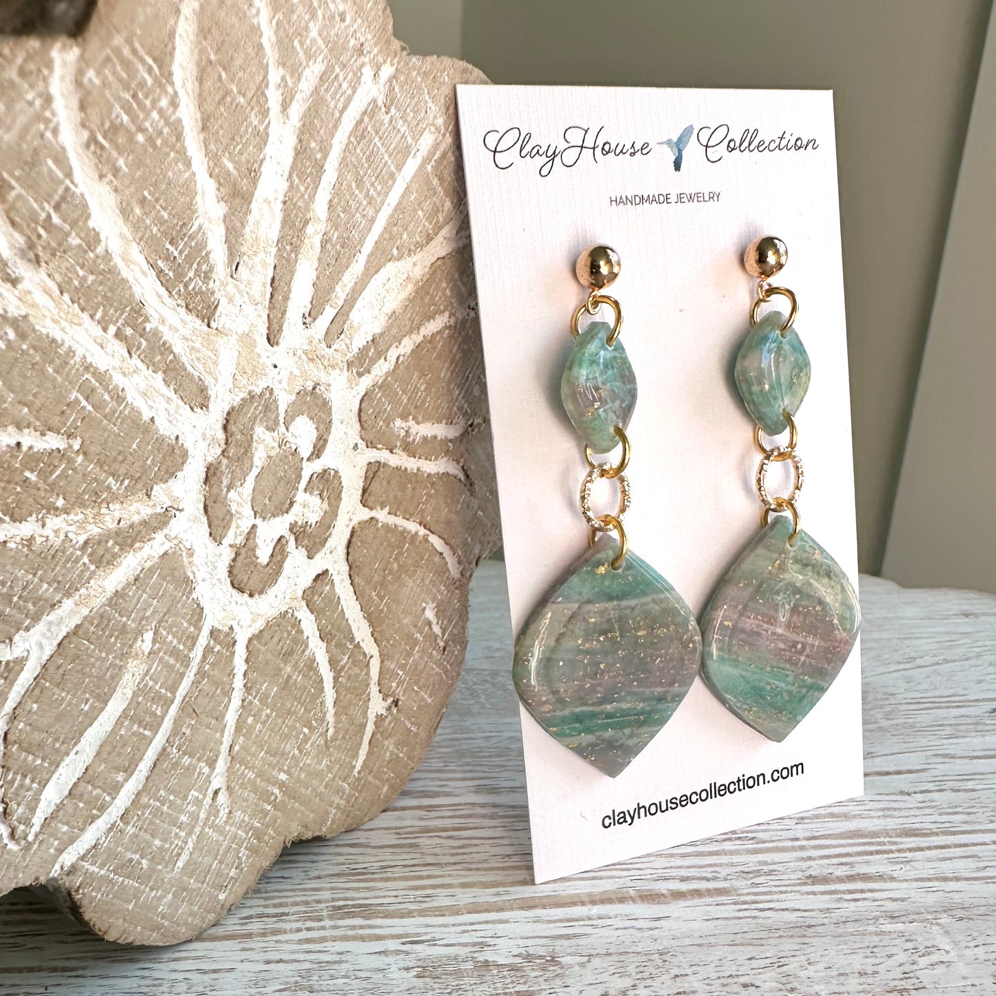 Light Green Gold Leaf Clay Dangle Earrings