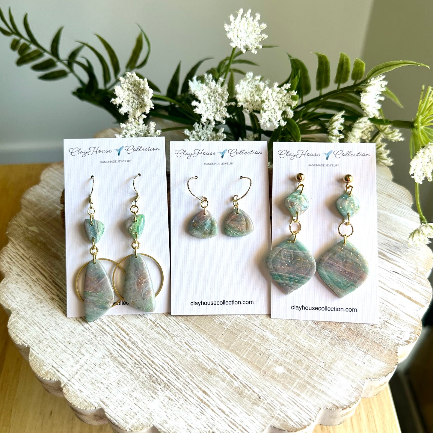 Light Green Gold Leaf Clay Dangle Earrings
