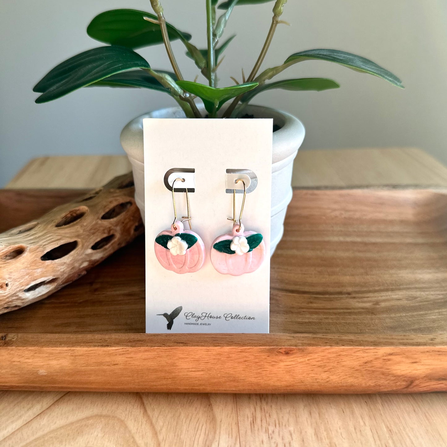 Pink Pumpkin w/ Flower & Leaf Clay Earrings