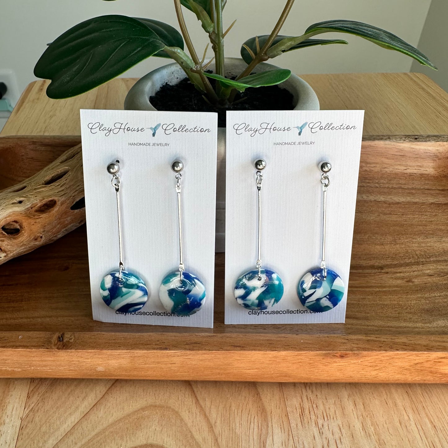 Blue Marble Clay Disc Dangle Earrings