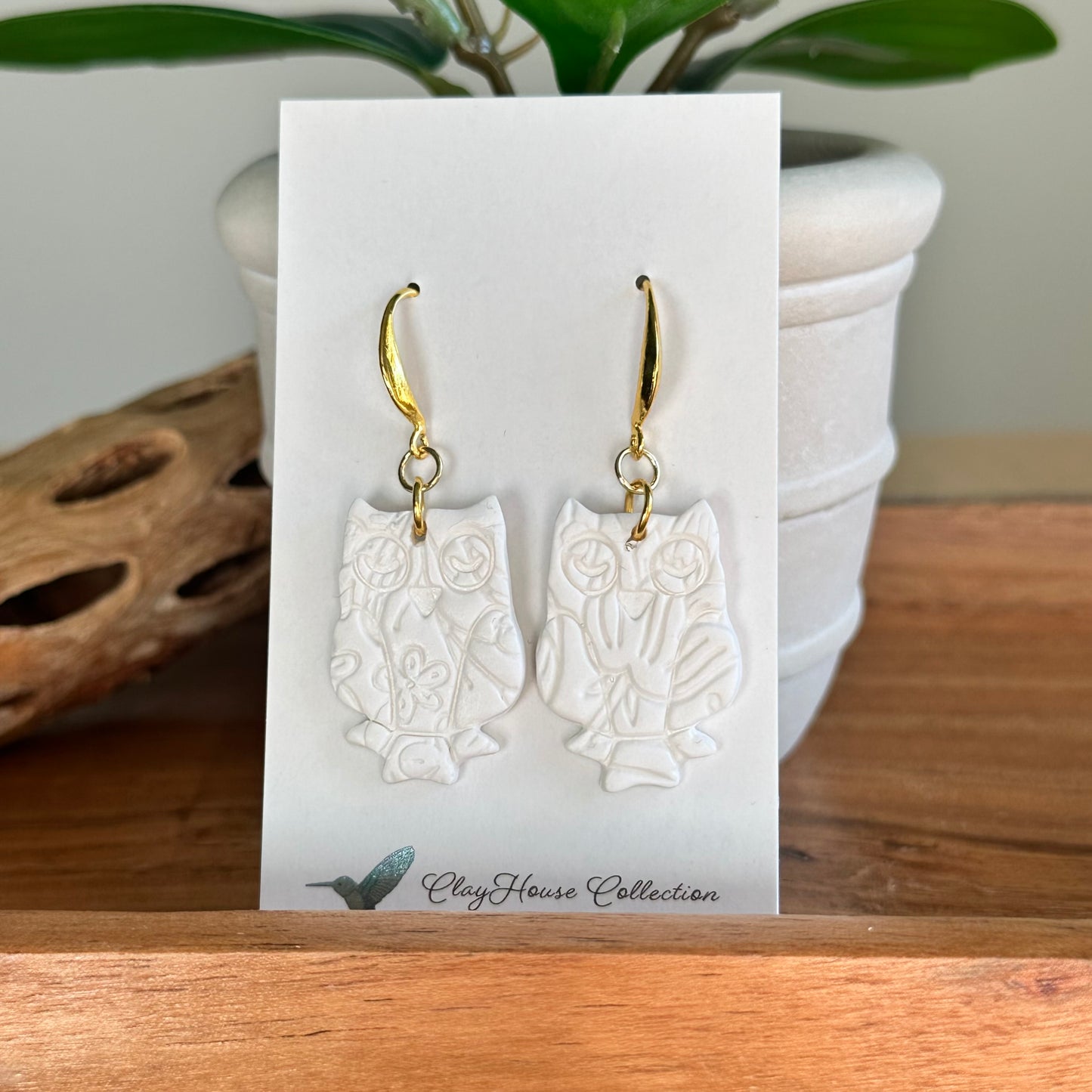 Textured White Owl Clay Earrings