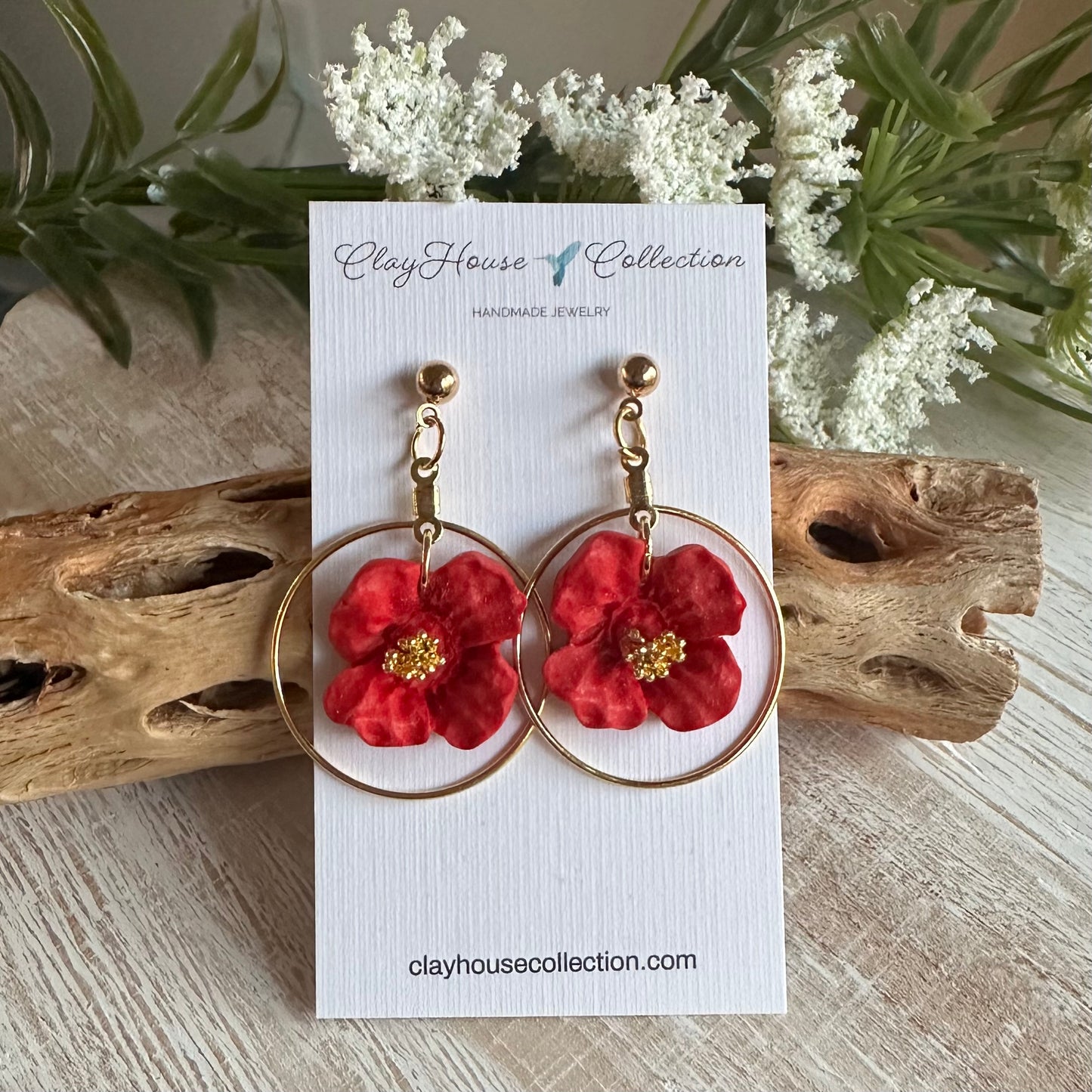 Red Flower Gold Circle Stud Earrings