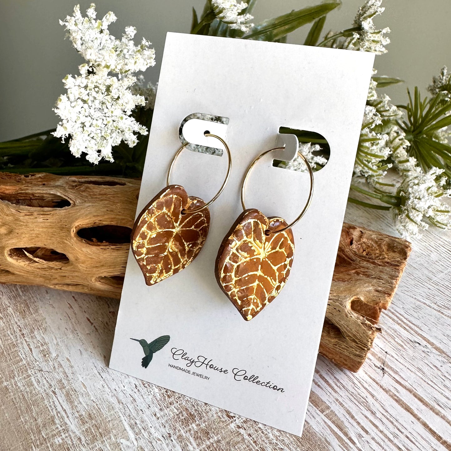 Rust Leaf Gold Accents Clay Earrings