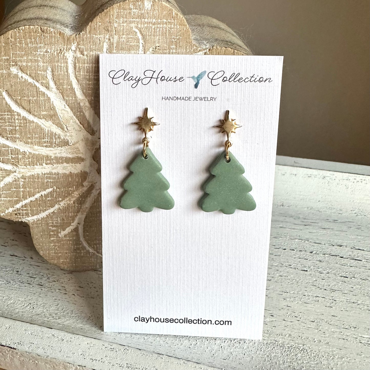 Green Christmas Tree Gold Star Clay Earrings