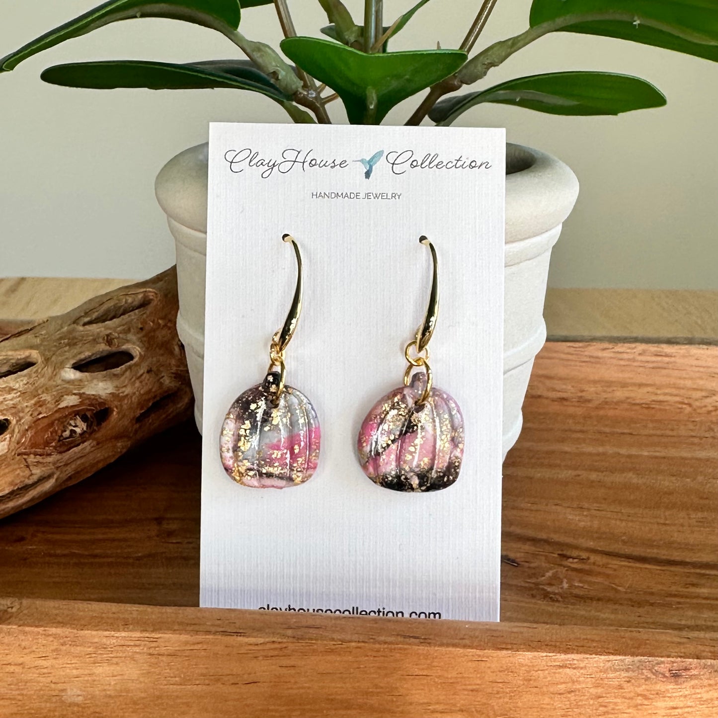 Gray & Pink Marble Pumpkin Earrings