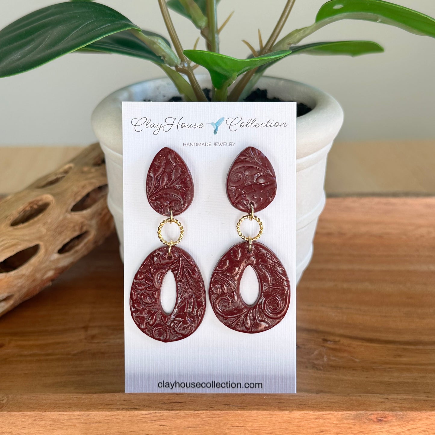 Wine Textured Double Layer Dangle Clay Earrings
