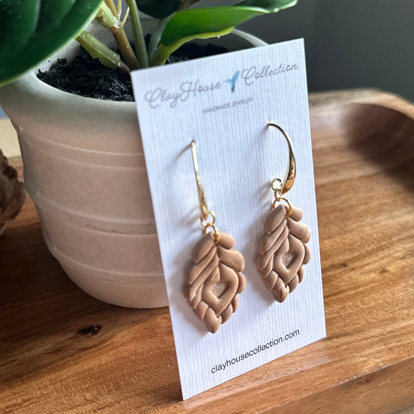Tan Leaf Clay Earrings