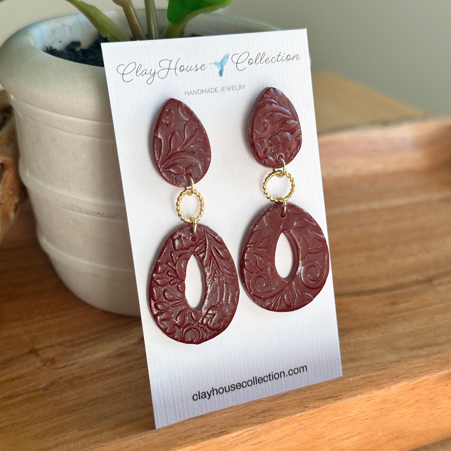 Wine Textured Double Layer Dangle Clay Earrings