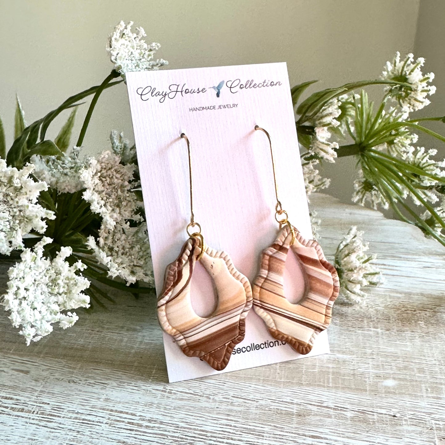 Brown and Tan Patterned Clay Drop Earrings