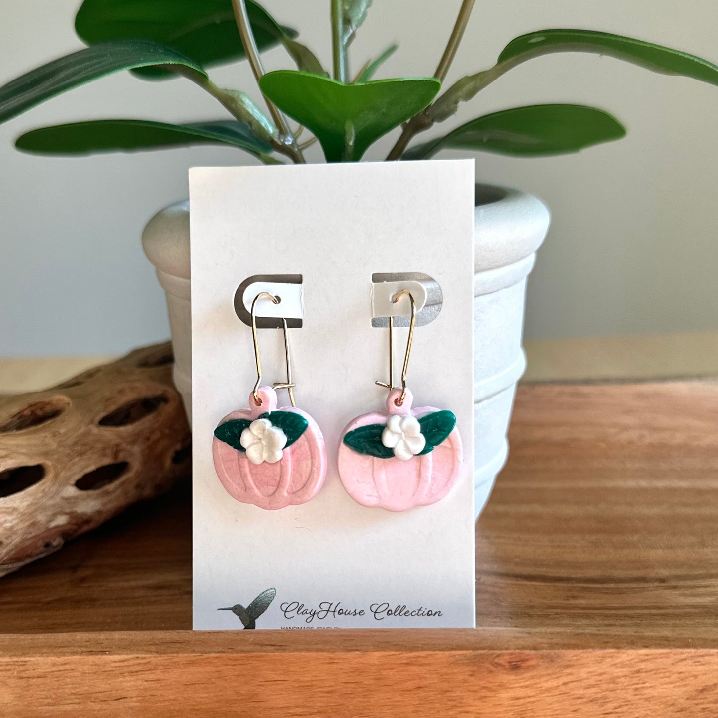 Pink Pumpkin w/ Flower & Leaf Clay Earrings