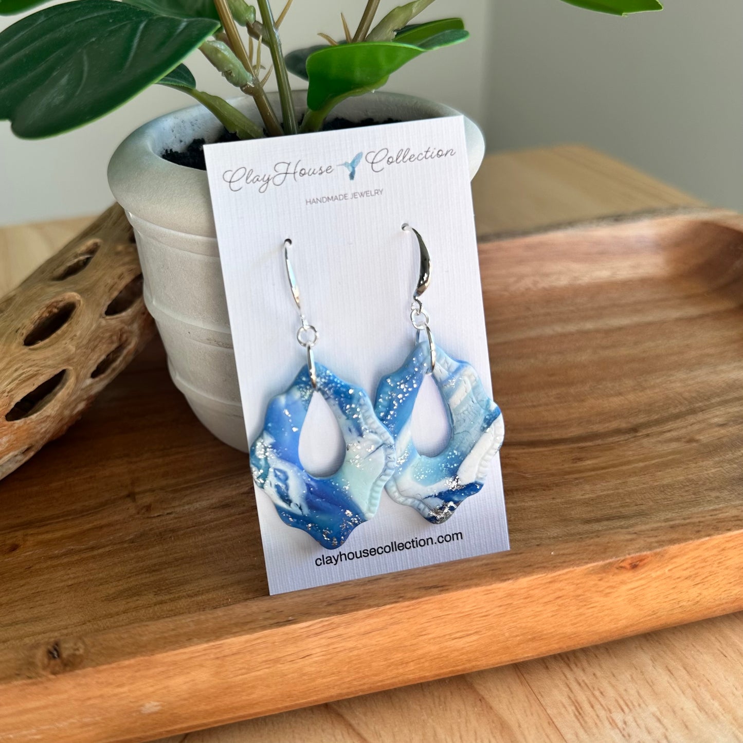 Blue Marble Pattern Dangle Clay Earrings