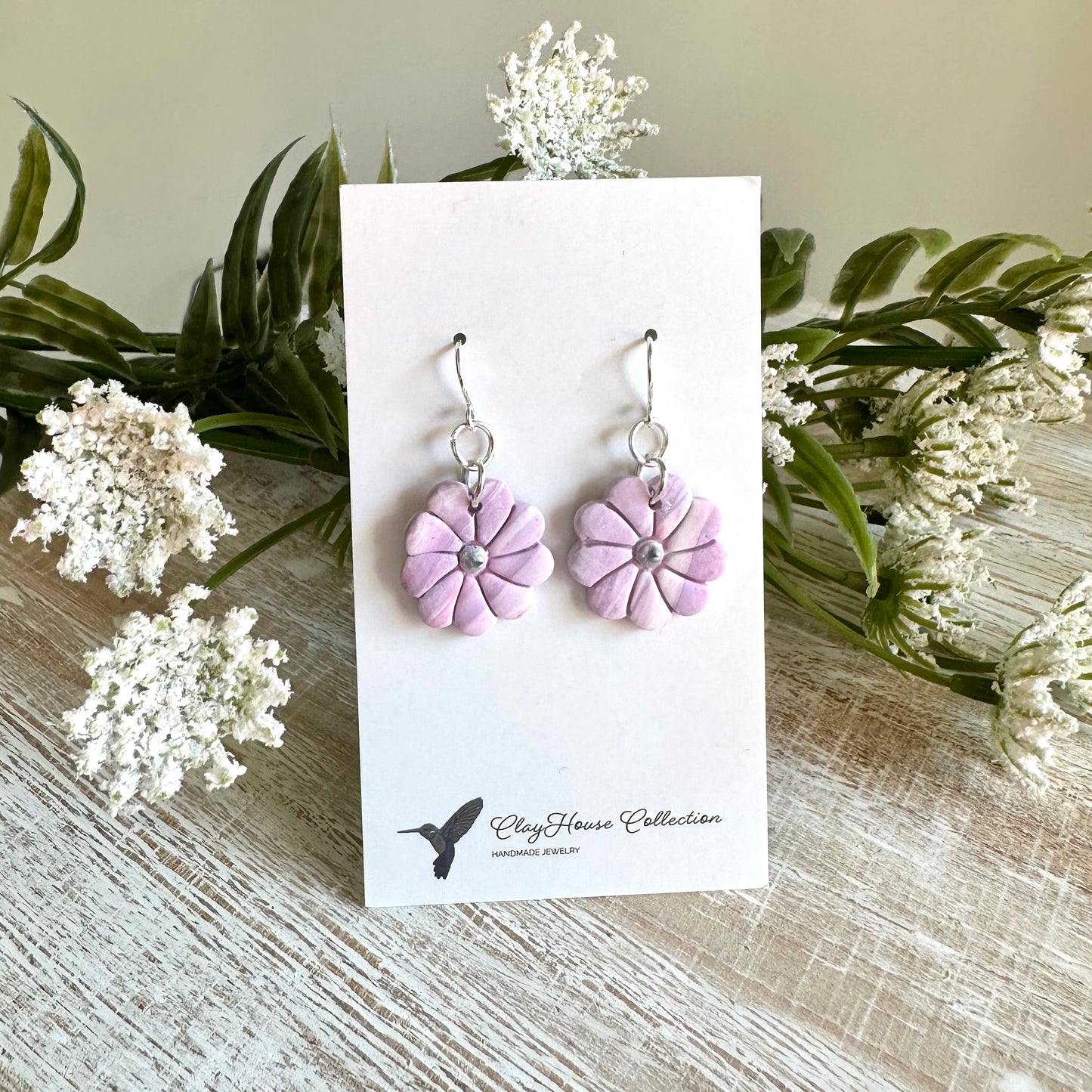 Lavender Marble Clay Flower Earrings