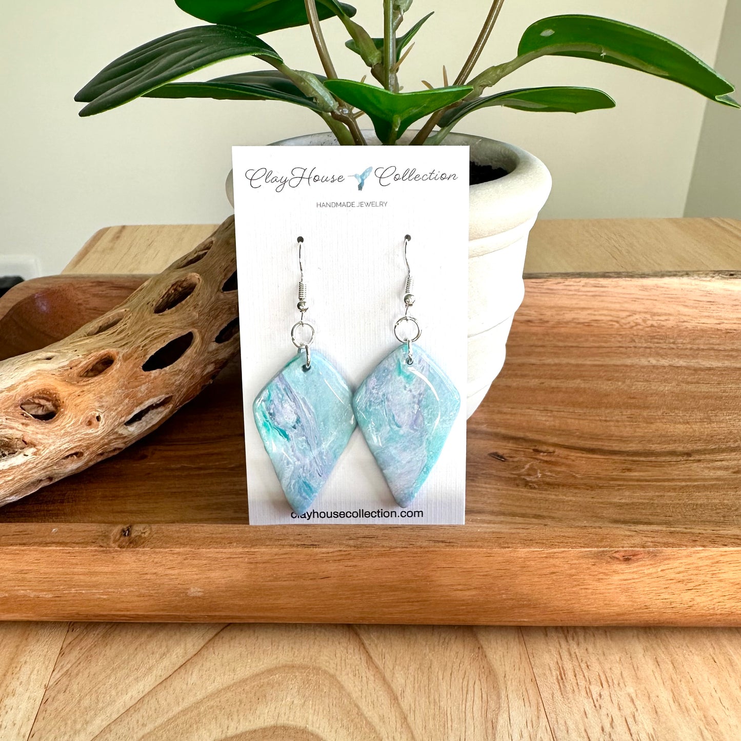 Blue and Lavender Marble Arrowhead Clay Earrings