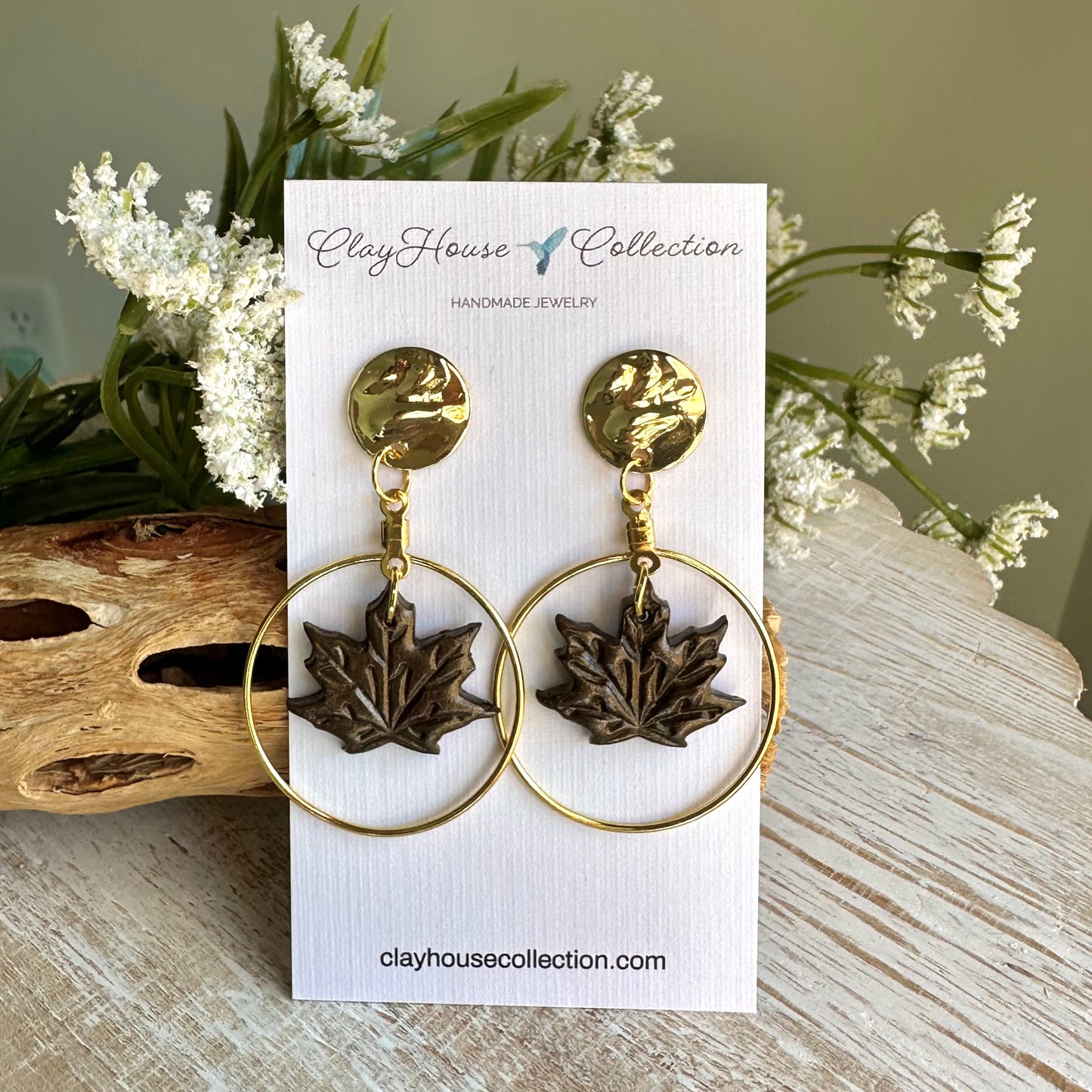 Brown Leaf Inside Hoop Dangle Clay Earrings
