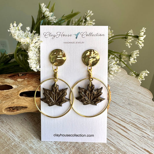 Brown Leaf Inside Hoop Dangle Clay Earrings