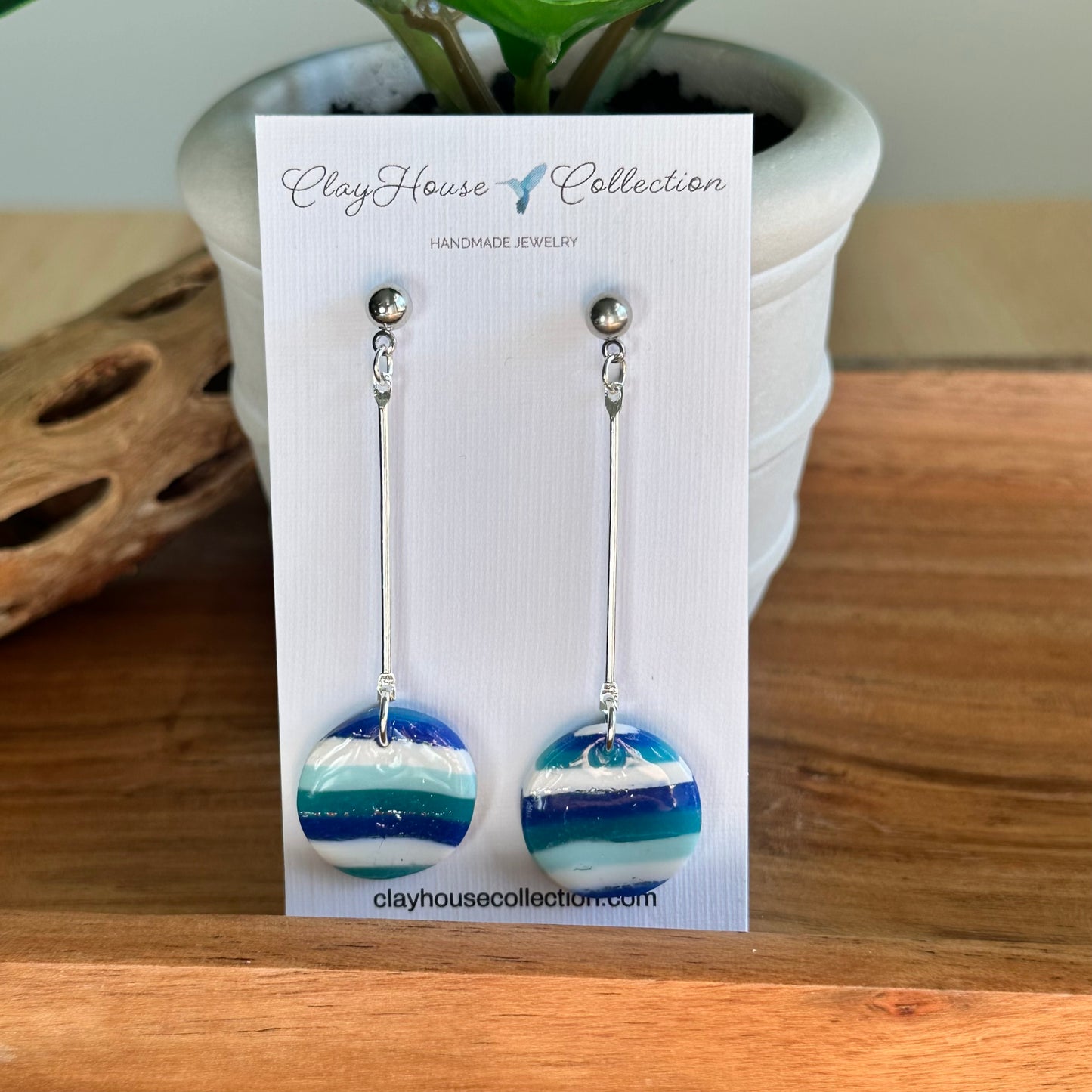 Blue Striped Clay Disc Dangle Earrings