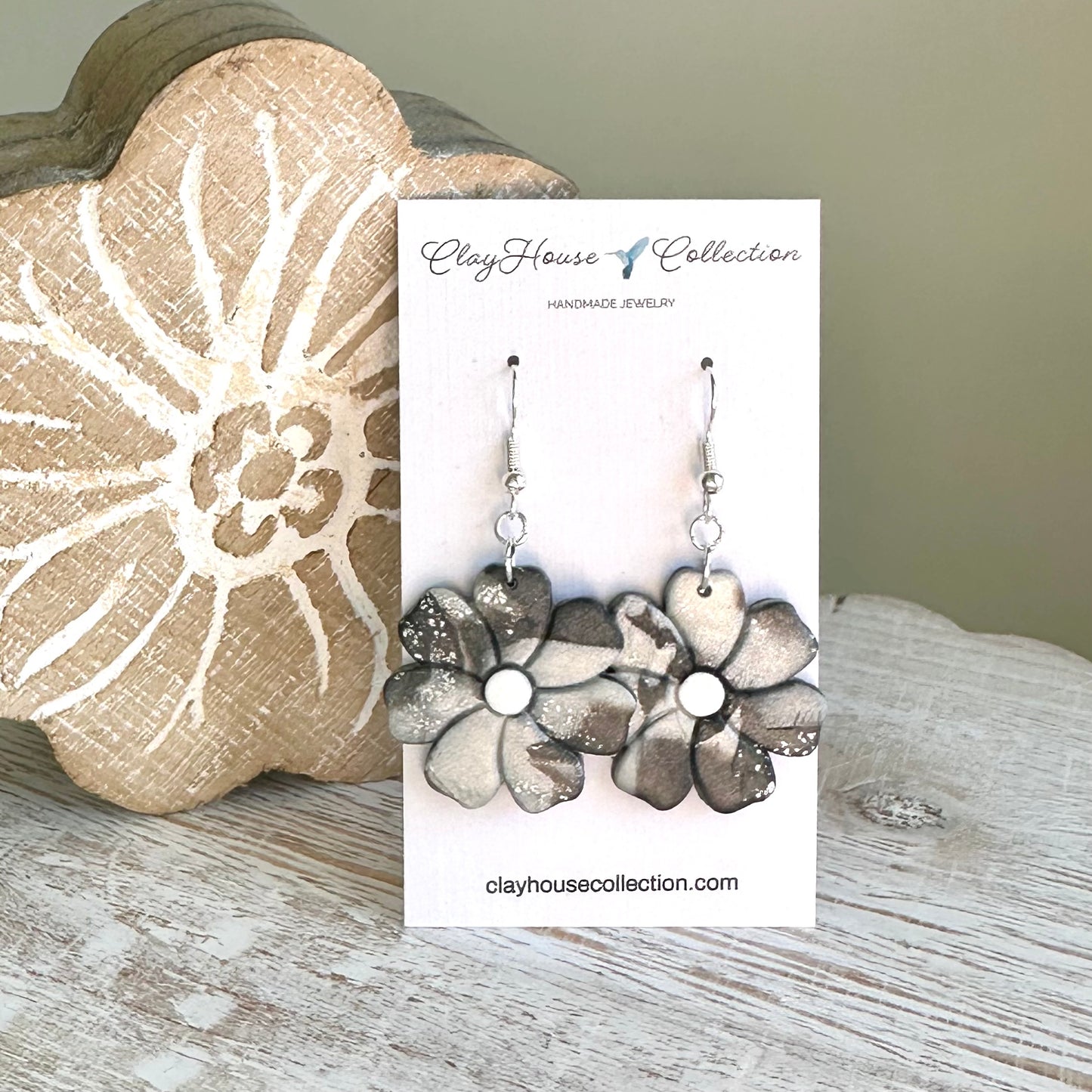 Gray Swirl Flower Clay Earrings