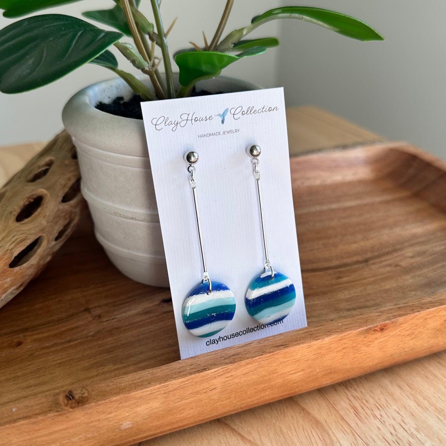 Blue Striped Clay Disc Dangle Earrings