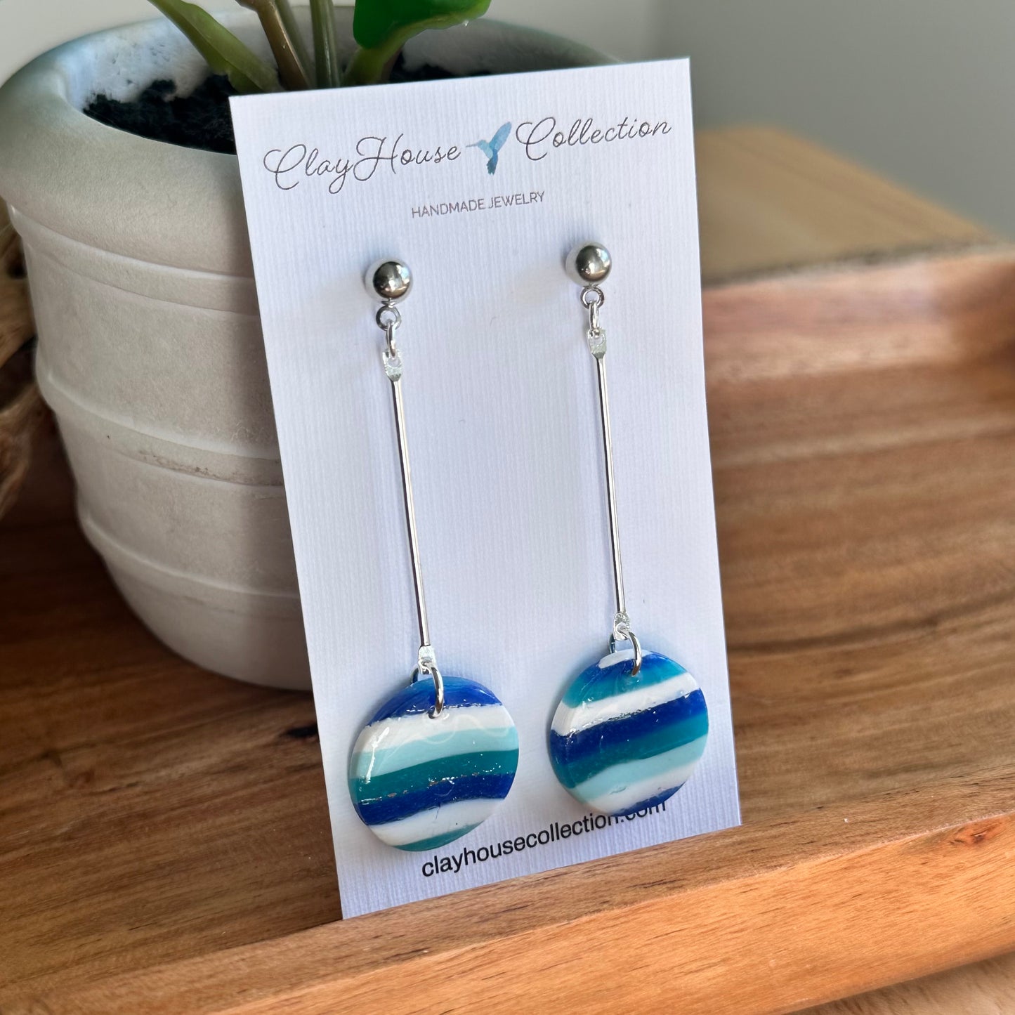 Blue Striped Clay Disc Dangle Earrings