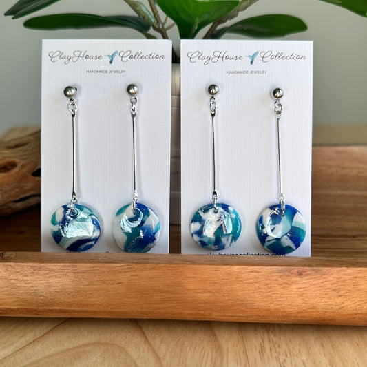 Blue Marble Clay Disc Dangle Earrings