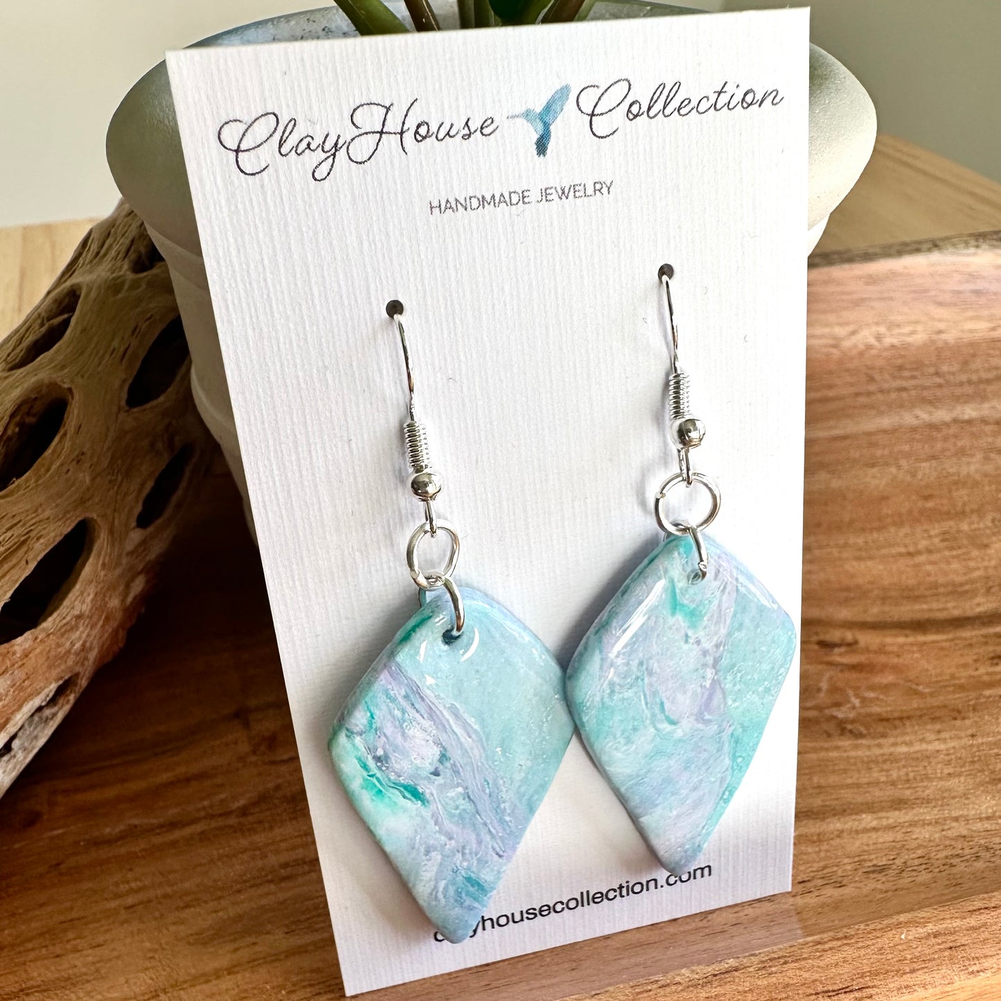 Blue and Lavender Marble Arrowhead Clay Earrings
