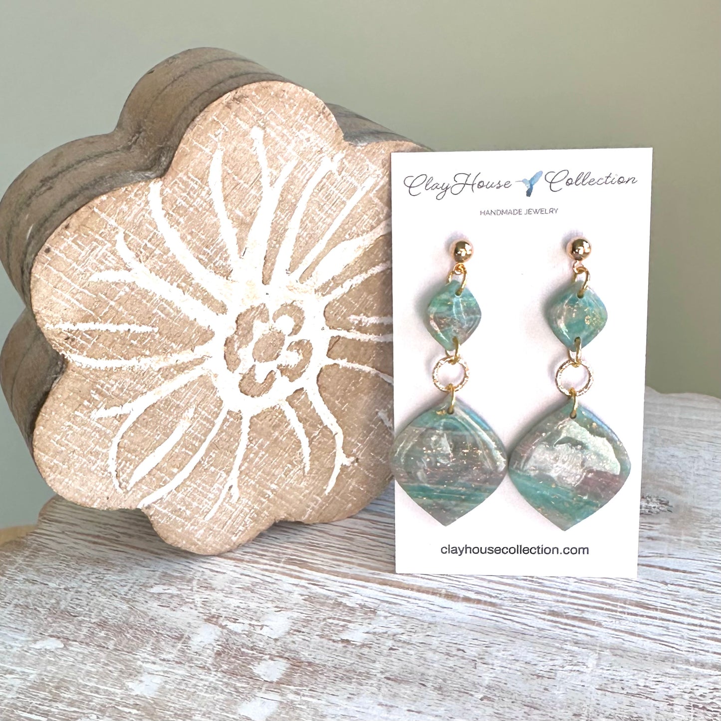 Light Green Gold Leaf Clay Dangle Earrings