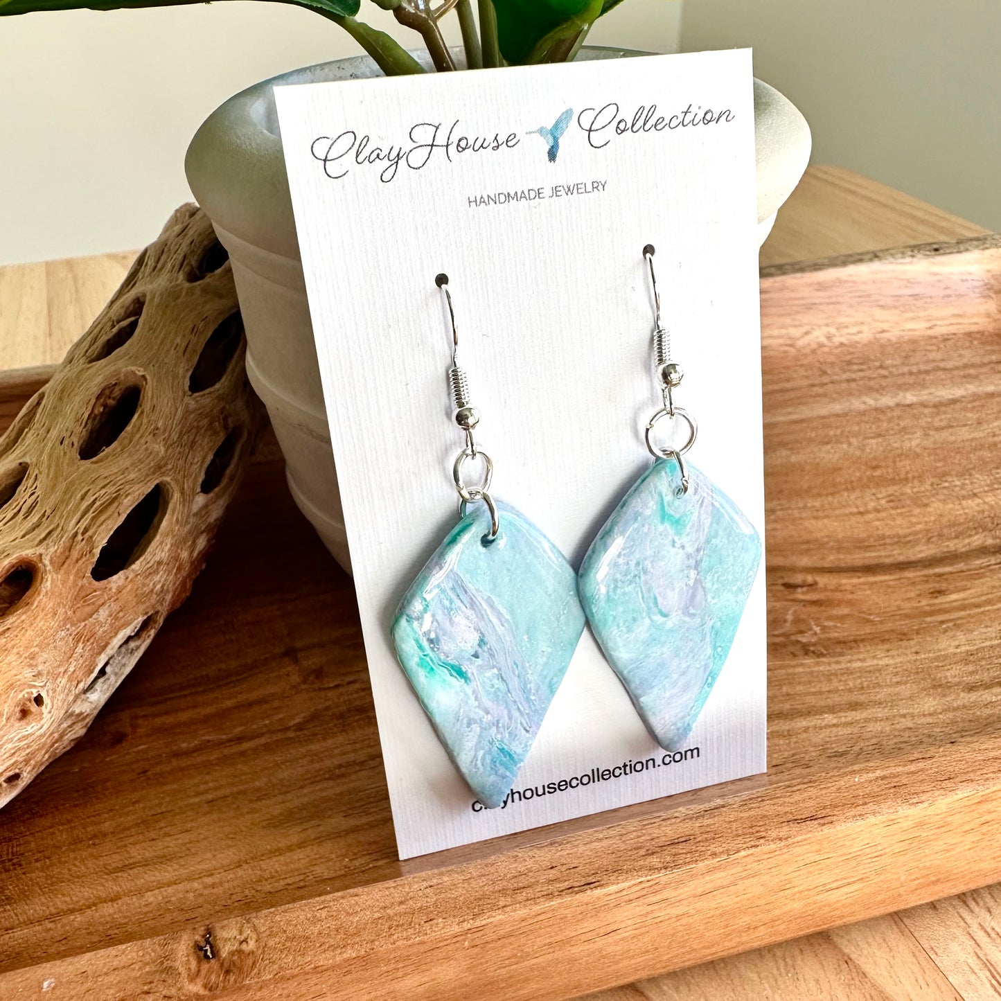 Blue and Lavender Marble Arrowhead Clay Earrings