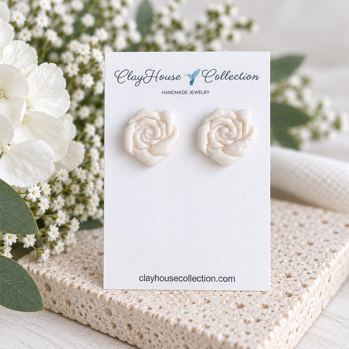 Handmade Ivory Rose Polymer Clay Stud Earrings | ClayHouse Collection