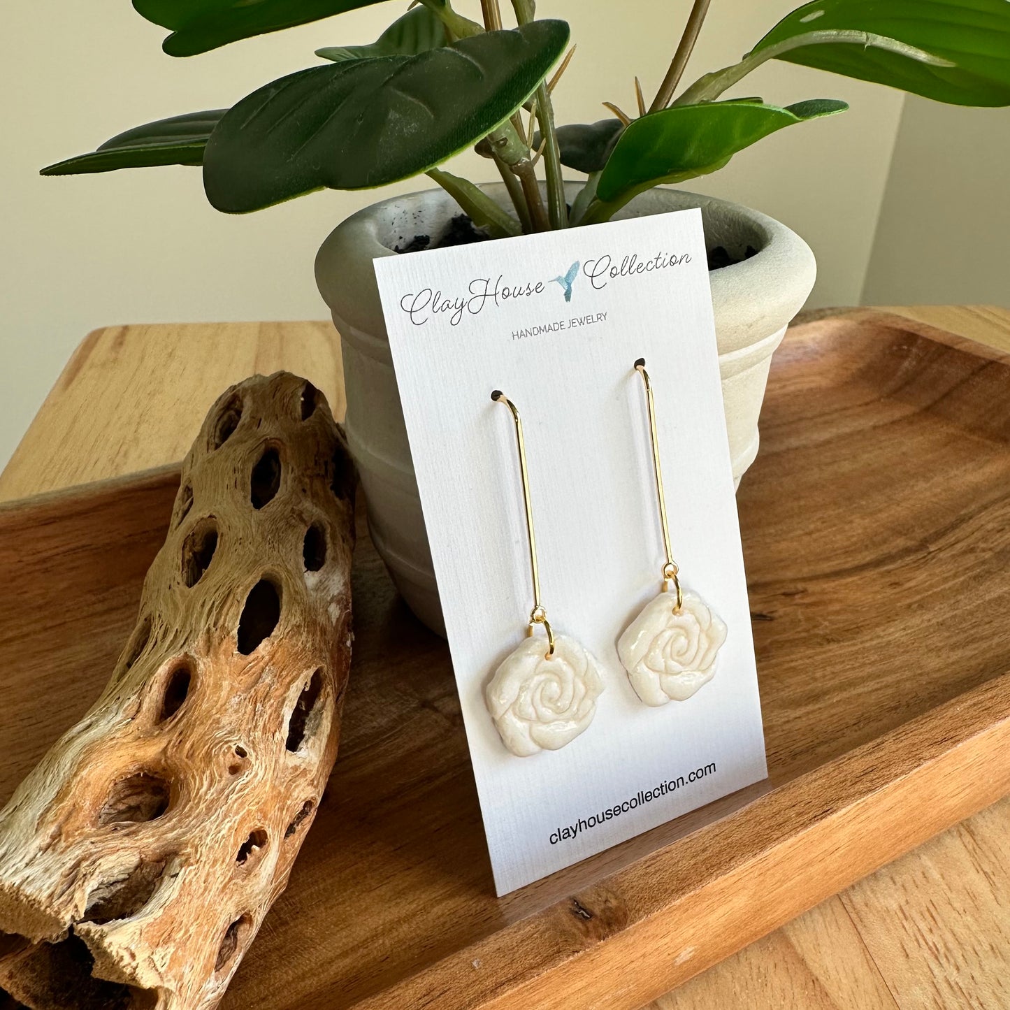 Small Ivory Rose Dangle Earrings