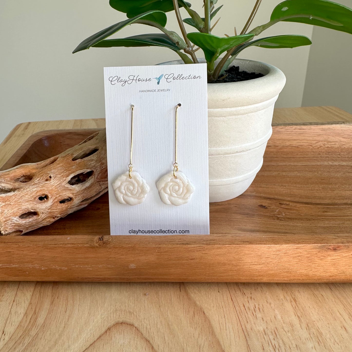 Small Ivory Rose Dangle Earrings