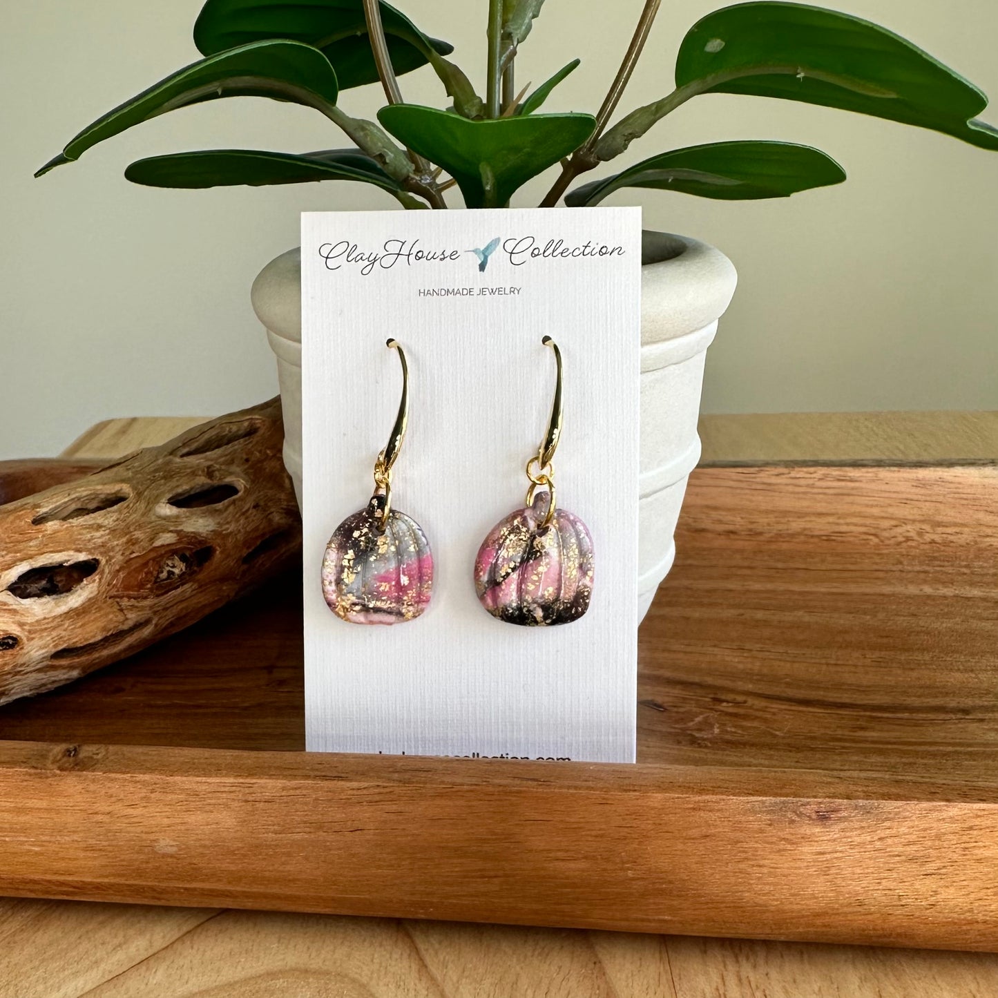 Gray & Pink Marble Pumpkin Earrings