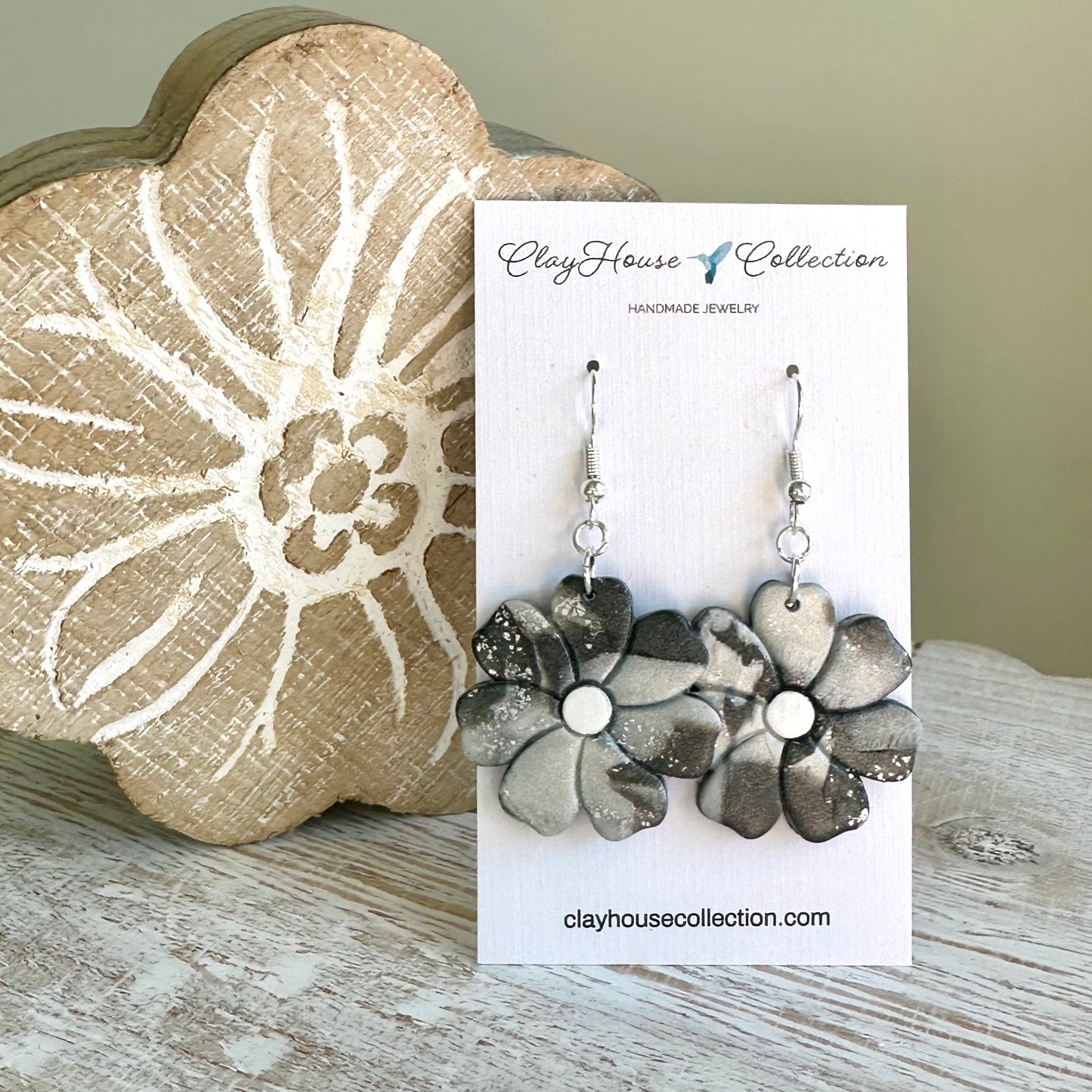 Gray Swirl Flower Clay Earrings