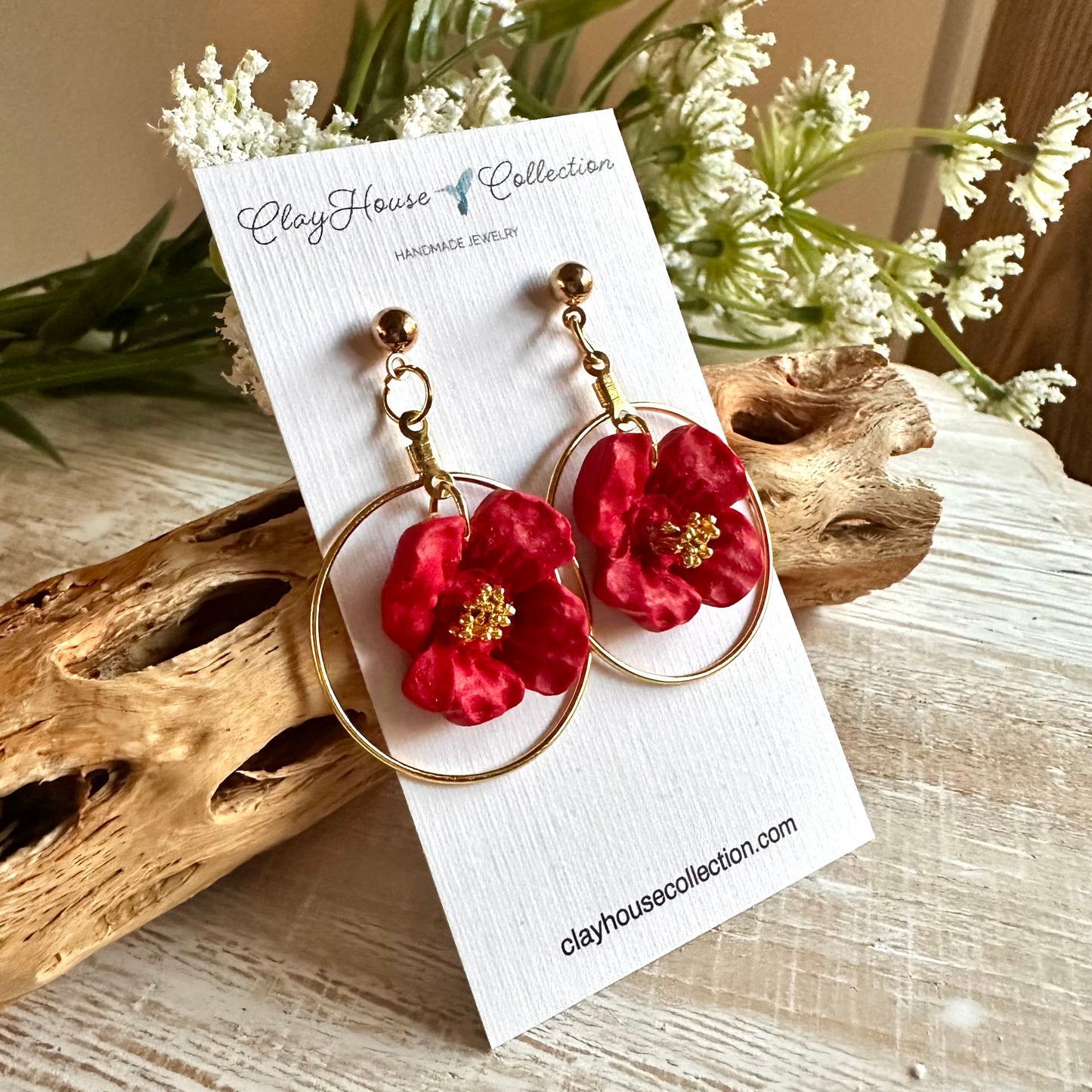 Red Flower Gold Circle Stud Earrings