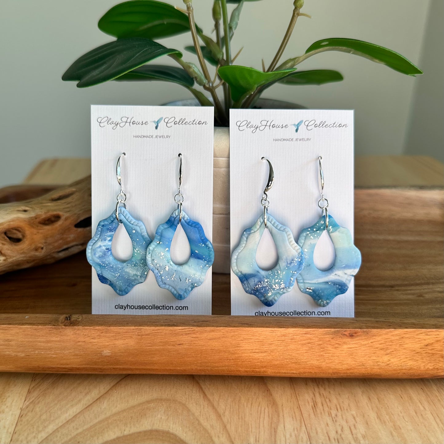 Blue Marble Pattern Dangle Clay Earrings