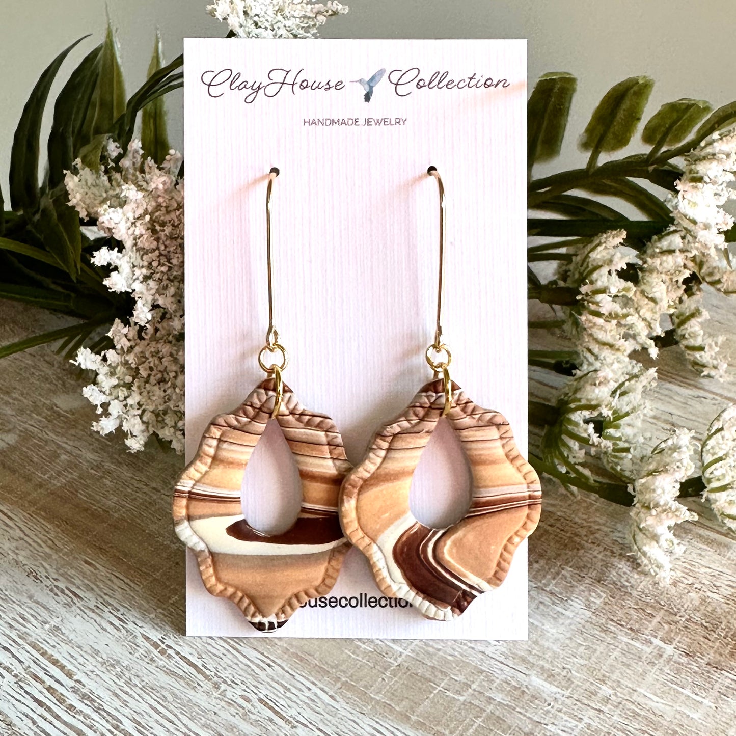 Brown and Tan Patterned Clay Drop Earrings