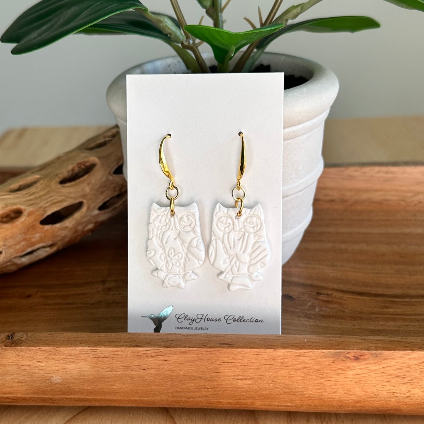 Textured White Owl Clay Earrings