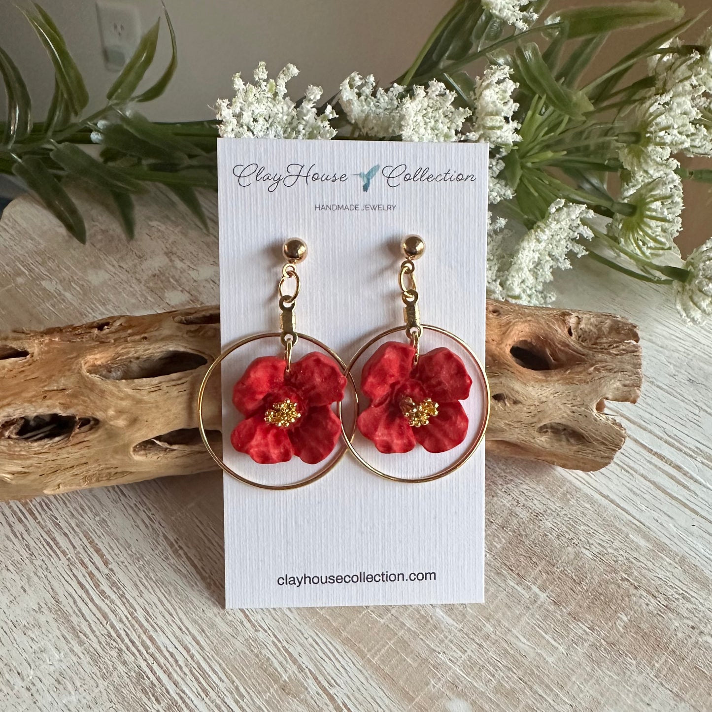Red Flower Gold Circle Stud Earrings