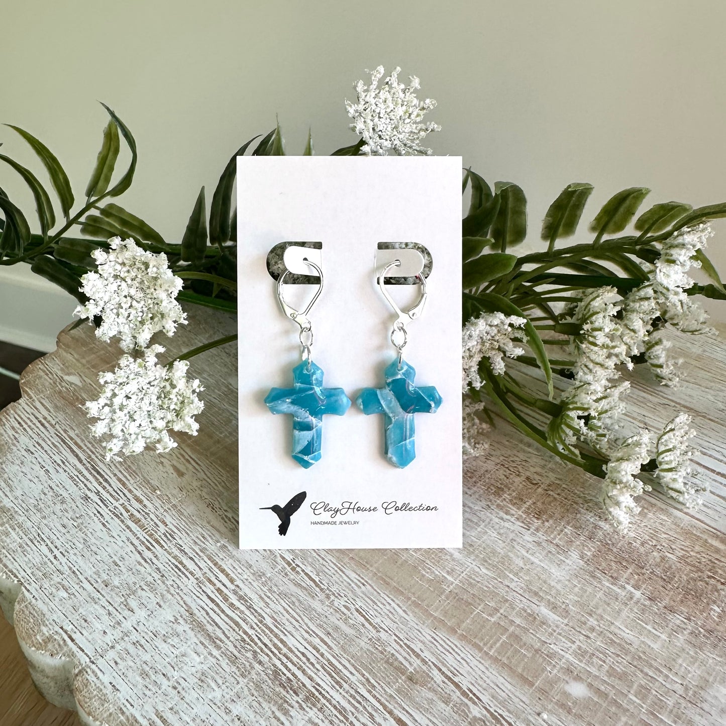 Turquoise Marbled Cross Clay Earrings
