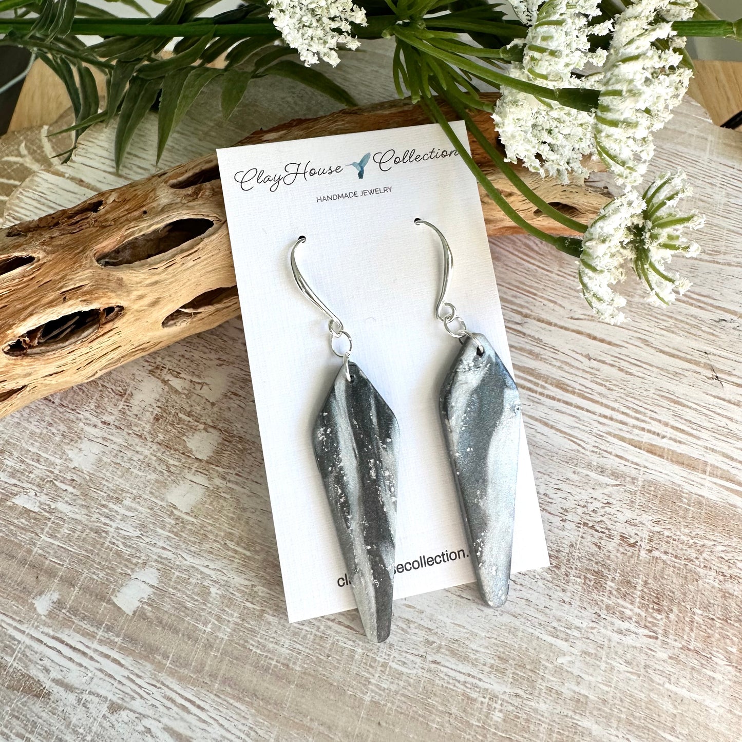 Gray Marble Thin Arrowhead Clay Earrings