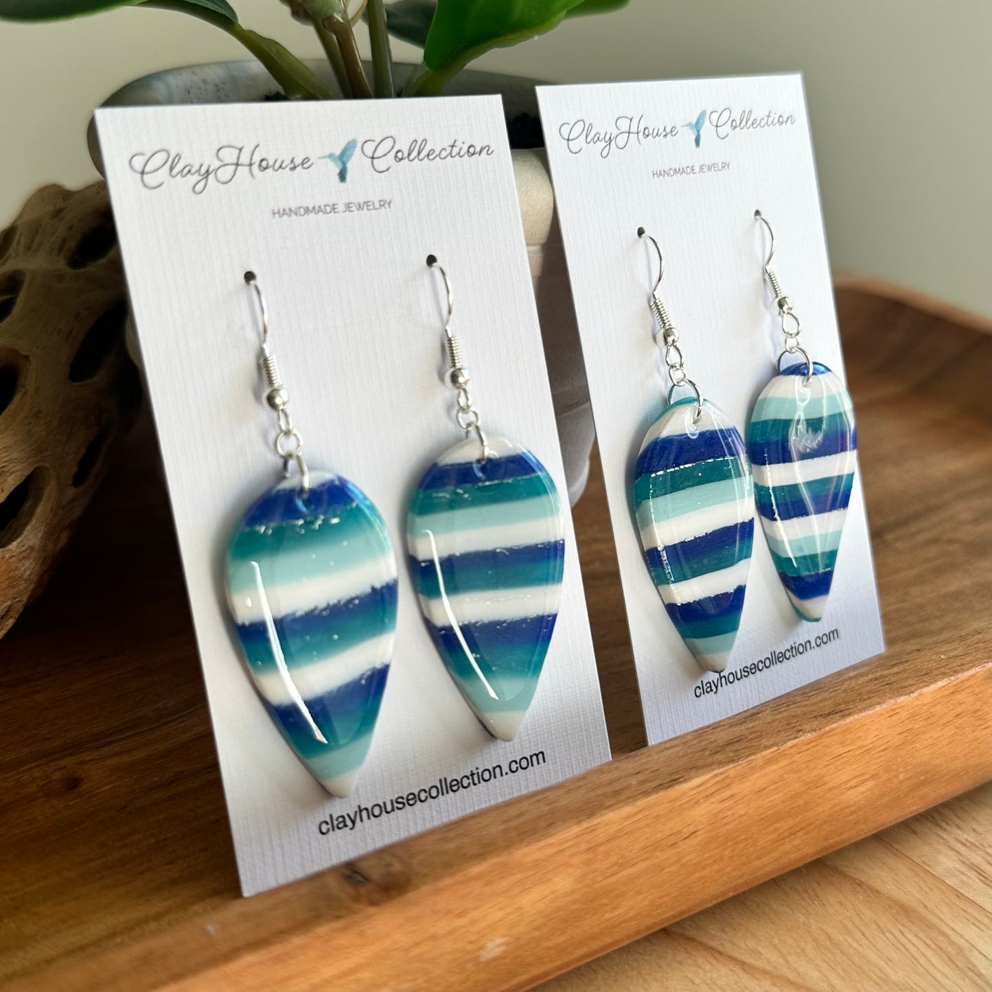 Teardrop Striped Blues Clay Earrings