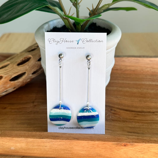 Blue Striped Clay Disc Dangle Earrings