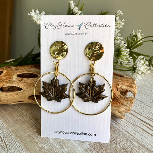 Brown Leaf Gold Hoop Clay Earrings